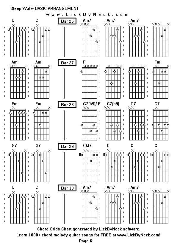 Chord Grids Chart of chord melody fingerstyle guitar song-Sleep Walk- BASIC ARRANGEMENT,generated by LickByNeck software.